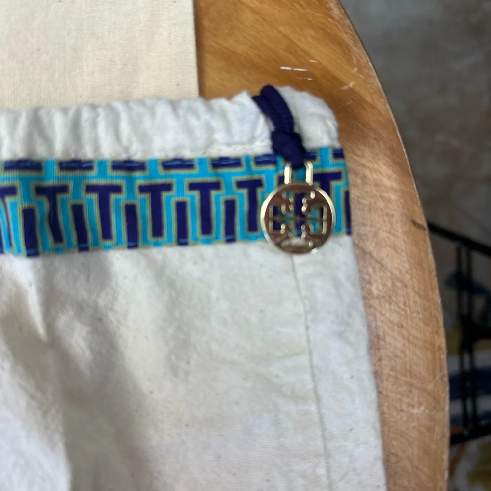 Tory Burch Set Of 3 White Canvas Bags with Purple‎ and Blue Accents drawstring